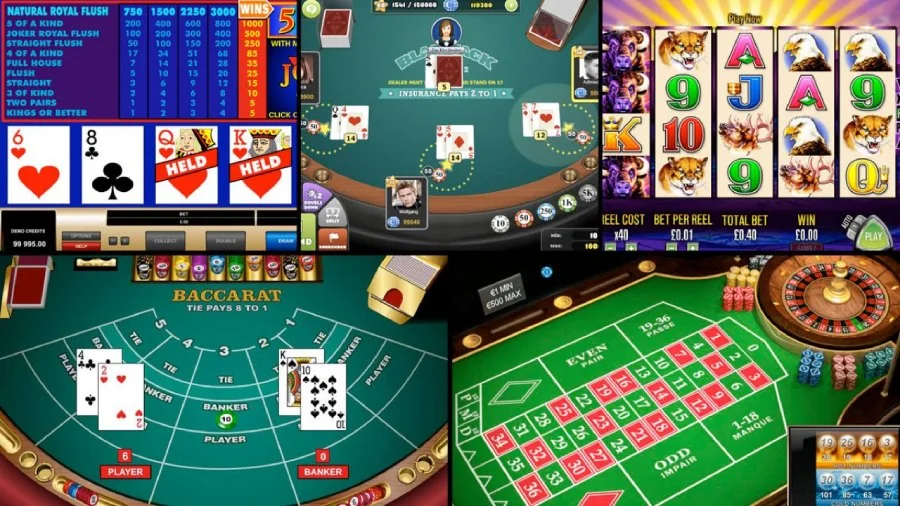 Tampilan meja kasino digital dengan kartu dan roda permainan